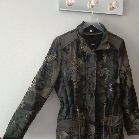 NWT Desigual cotton green & black tropical print camouflage sequined jacket, XS - Picture 16 of 16